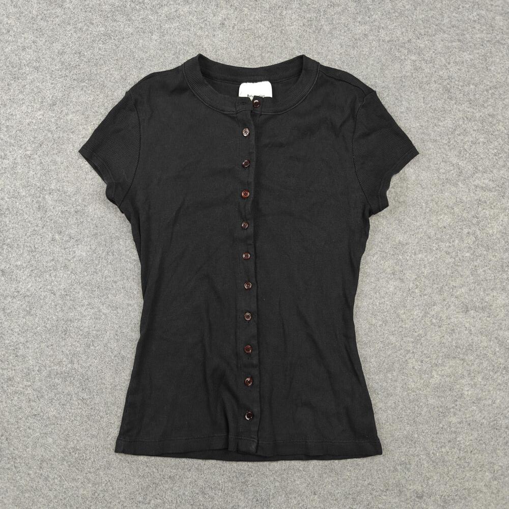 Reformation Button-Up Womens M Black Ribbed Short Sleeve Crew Neck Stretch Top